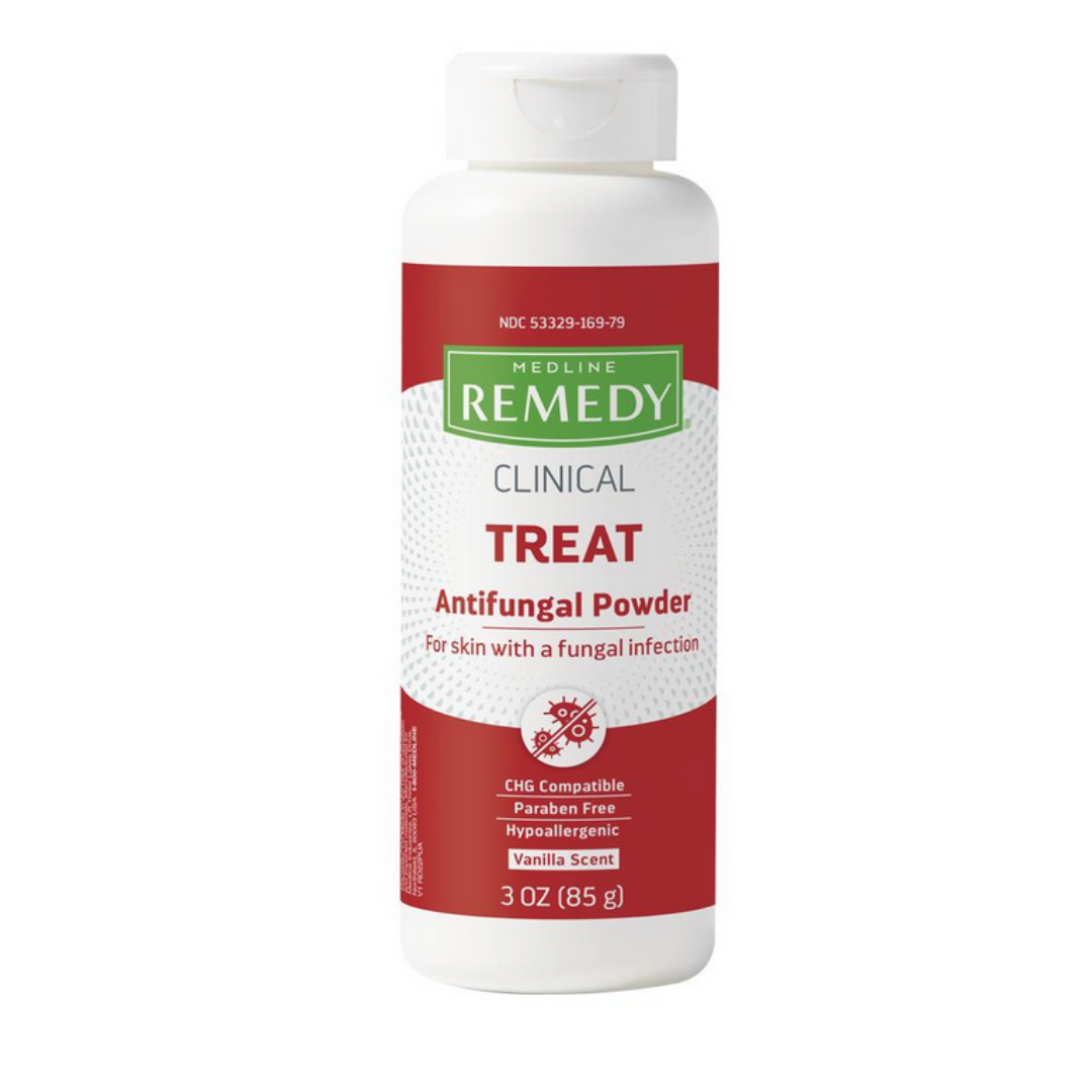 A white 3oz Medline Remedy Clinical Antifungal Powder bottle with red and white label. Contains Miconazole Nitrate, is CHG compatible, paraben-free, hypoallergenic, vanilla scented, and treats fungal infections.